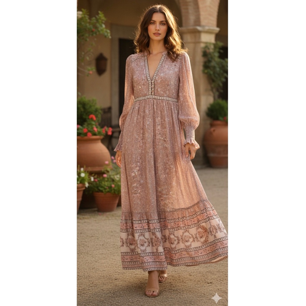 Bohme Aislinn Tiered Floral Maxi Dress Bohemian Size Small NWT